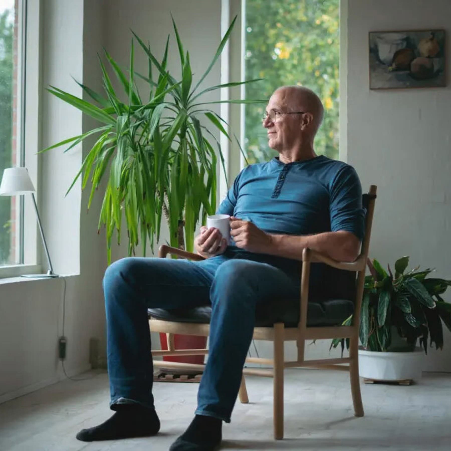 Iversen sidder på en stol og kigger ud